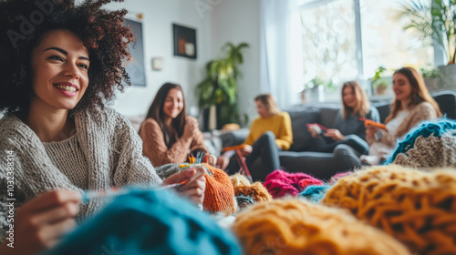A group of friends knitting and crocheting together in a comfortable living room, surrounded by colorful yarn and projects in progress