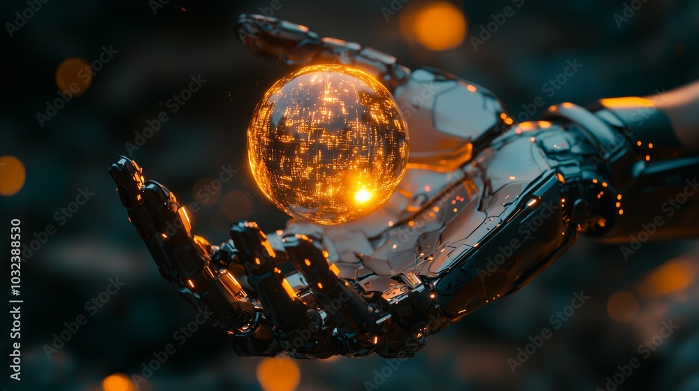 Futuristic Robotic Hand Holding Glowing Sphere Futuristic Robotic Hand Holding Glowing Sphere