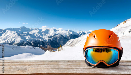 Skihelm auf Tisch, Bergpanorama 