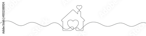 Continuous line drawing of heart and house. Love home symbol. I love my home. One line drawing. Single line art. Vector illustration.
