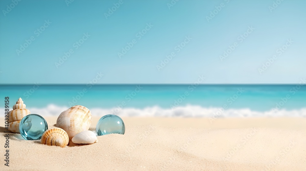 Peaceful and tranquil beach backdrop featuring soft sand scattered seashells and glass objects Peaceful and tranquil beach backdrop featuring soft sand scattered seashells and glass objects