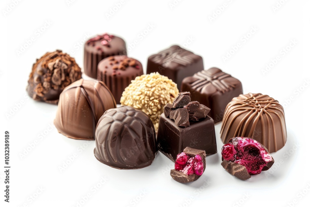Assorted filled chocolate candies on a white background, with full depth of field, highlighting the glossy finishes and rich fillings Assorted filled chocolate candies on a white background, with full depth of field, highlighting the glossy finishes and rich fillings