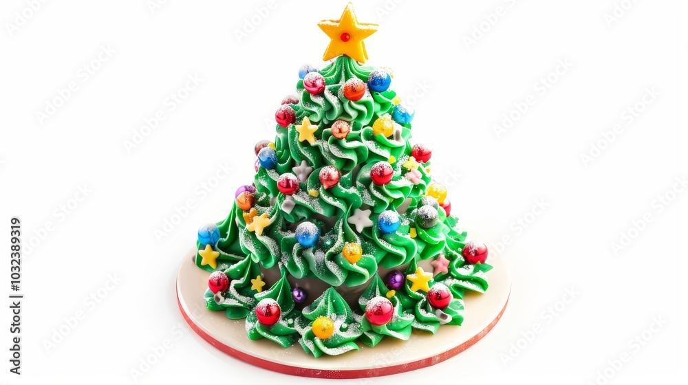 A Christmas cake shaped like a Christmas tree adorned with colorful icing ornaments and a star at the top isolated on white background A Christmas cake shaped like a Christmas tree adorned with colorful icing ornaments and a star at the top isolated on white background