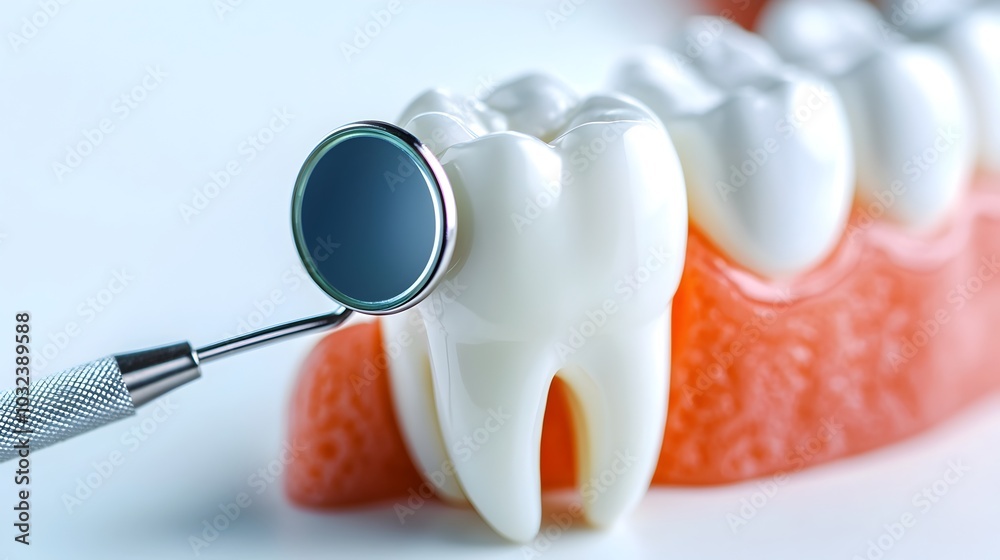 A close up photograph of a human molar tooth with a metallic dental mirror instrument isolated on a clean stark white backdrop A close up photograph of a human molar tooth with a metallic dental mirror instrument isolated on a clean stark white backdrop