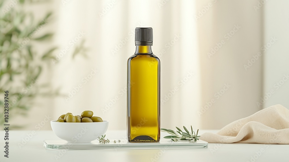 Olive Oil Bottle with Green Olives on Glass Surface Olive Oil Bottle with Green Olives on Glass Surface