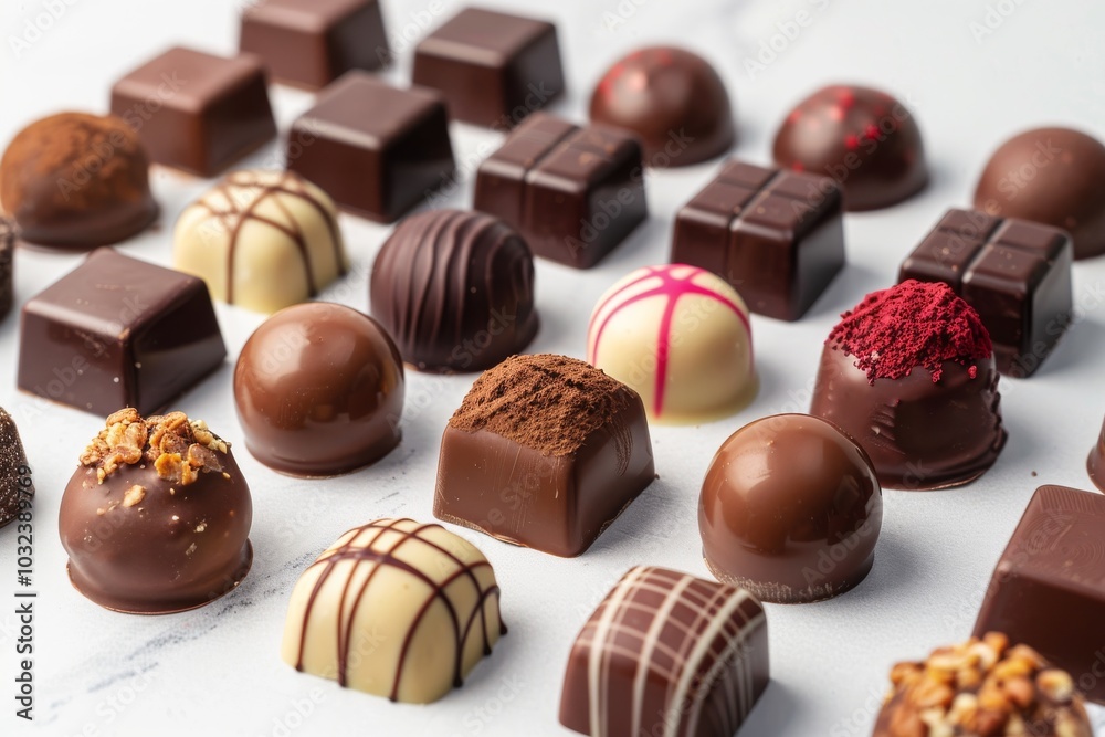 Assorted filled chocolate candies on a white background, with full depth of field, highlighting the glossy finishes and rich fillings Assorted filled chocolate candies on a white background, with full depth of field, highlighting the glossy finishes and rich fillings