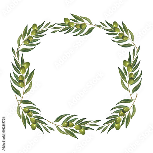 Wallpaper Mural Watercolor olive branches wreath Green frame for olive oil wrapping logo design Postcard poster template invitation greeting card Wedding decoration Botanical border Italian plant Natural Organic Torontodigital.ca