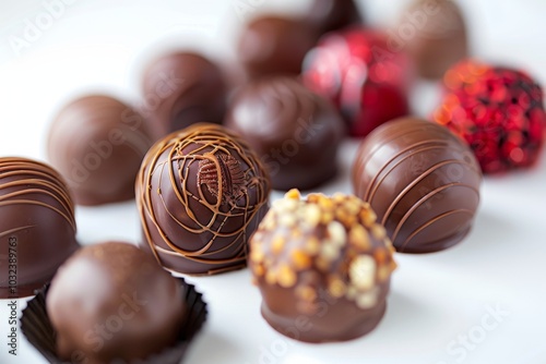 Assorted filled chocolate candies on a white background, with full depth of field, highlighting the glossy finishes and rich fillings photo