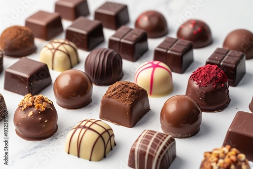 Assorted filled chocolate candies on a white background, with full depth of field, highlighting the glossy finishes and rich fillings photo