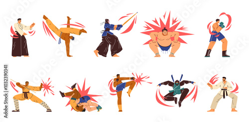 Vector illustration set showcasing martial arts from ninjutsu to taekwondo on a white background