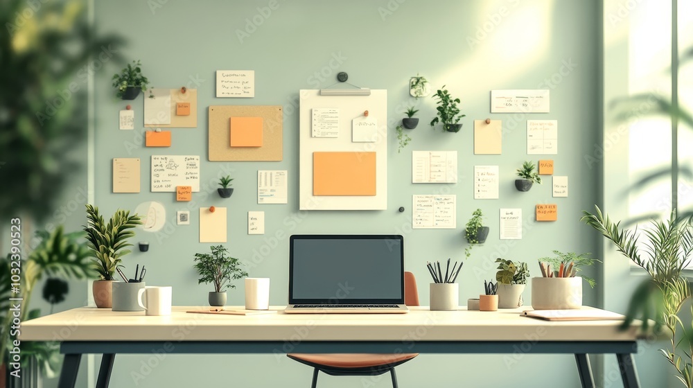 Modern Workspace with Plants and Organized Notes Modern Workspace with Plants and Organized Notes