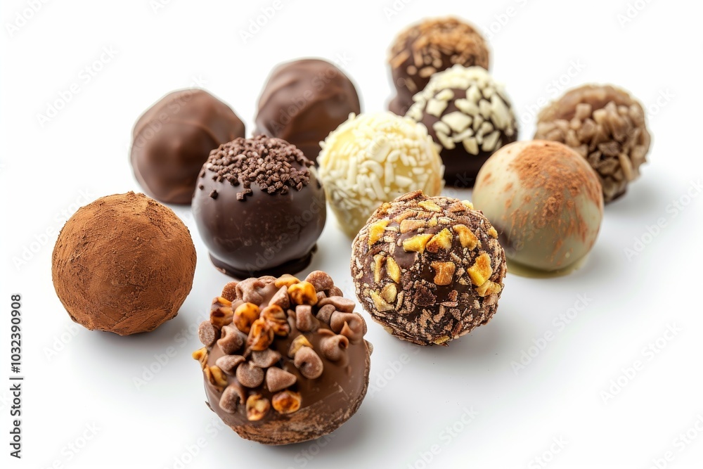 Assorted filled chocolate candies on a white background, with full depth of field, highlighting the glossy finishes and rich fillings Assorted filled chocolate candies on a white background, with full depth of field, highlighting the glossy finishes and rich fillings