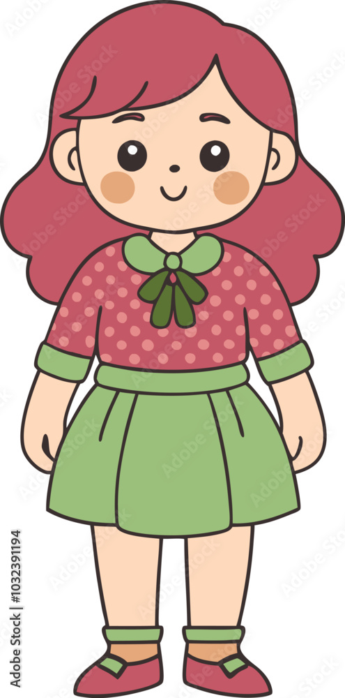 Cute cartoon girl in retro with green skirt and red hair Cute cartoon girl in retro with green skirt and red hair
