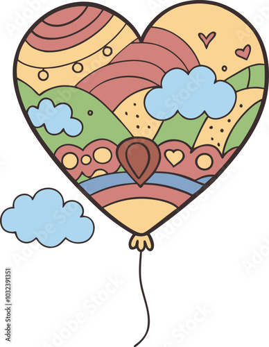 Colorful heart shaped balloon with abstract landscape illustration