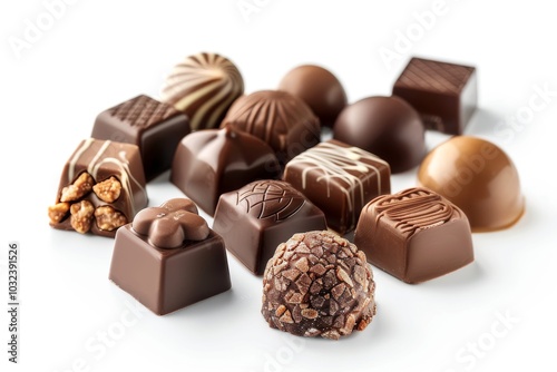 Assorted filled chocolate candies on a white background, with full depth of field, highlighting the glossy finishes and rich fillings