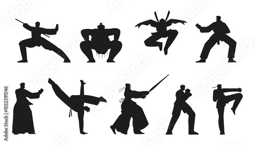 Vector set of Japanese martial arts characters silhouettes on isolated background.