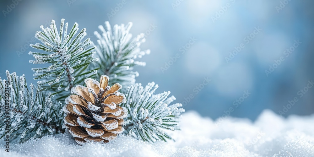 A frosted pinecone rests among delicate evergreen branches, covered in fresh snow, creating a serene winter atmosphere. Soft blue tones blur in the background, enhancing the tranquil beauty of the col