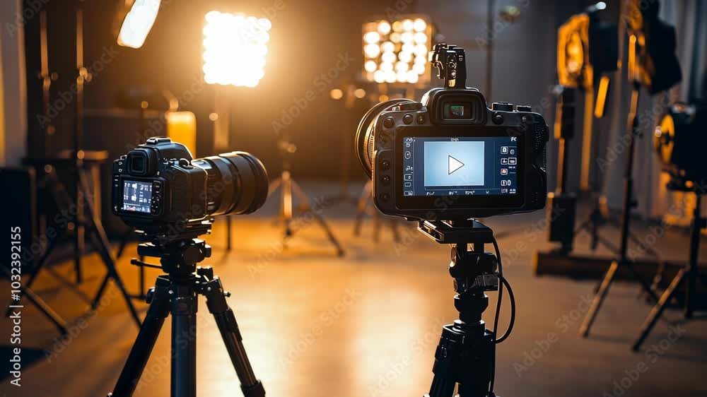 Two cameras on tripods are set up in a studio with bright lights