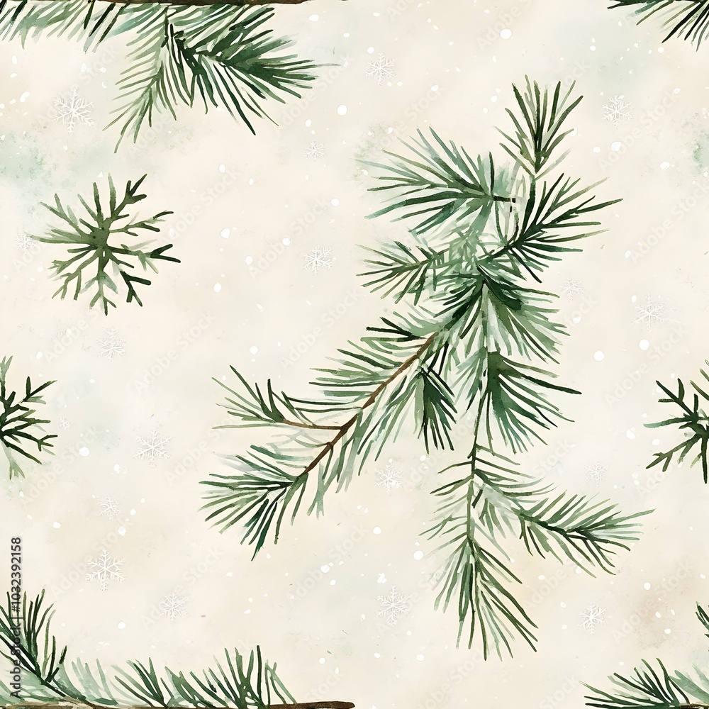 Serene and Elegant Watercolor of Fir Branches with Delicate Snowflakes Scattered on a Soft Beige Background Creating a Peaceful and Cozy Winter Scene Serene and Elegant Watercolor of Fir Branches with Delicate Snowflakes Scattered on a Soft Beige Background Creating a Peaceful and Cozy Winter Scene