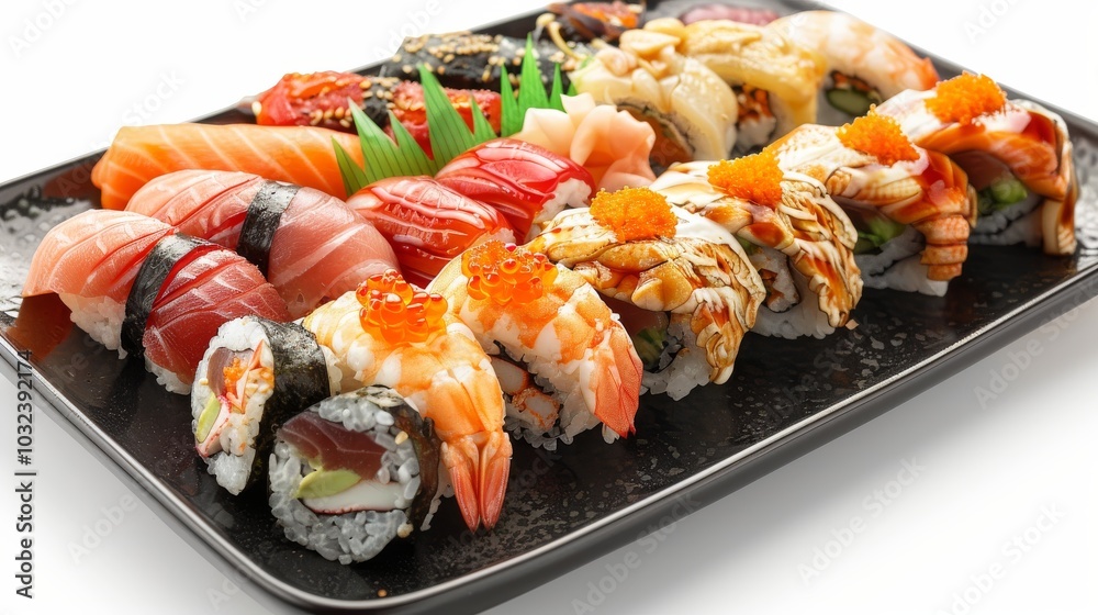 Artfully arranged sushi rolls and sashimi on a sleek black plate, set against a crisp white background Artfully arranged sushi rolls and sashimi on a sleek black plate, set against a crisp white background