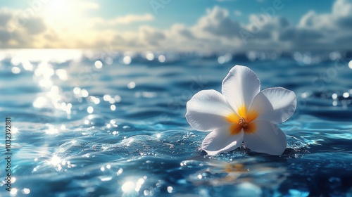 A delicate white flower drifts on the tranquil surface of the ocean, reflecting warm hues from the sunset above. The water glistens as waves gently cradle the bloom, creating a peaceful atmosphere. photo