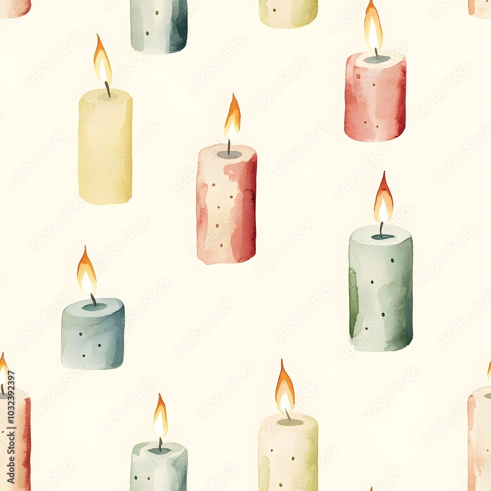 Elegant watercolor Christmas candles in muted pastel hues arranged in a seamless repeat pattern on a soft cream background creating a peaceful cozy and modern holiday ambiance Elegant watercolor Christmas candles in muted pastel hues arranged in a seamless repeat pattern on a soft cream background creating a peaceful cozy and modern holiday ambiance