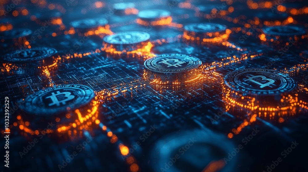 Digital Currency Network with Bitcoin Coins and Connections Digital Currency Network with Bitcoin Coins and Connections