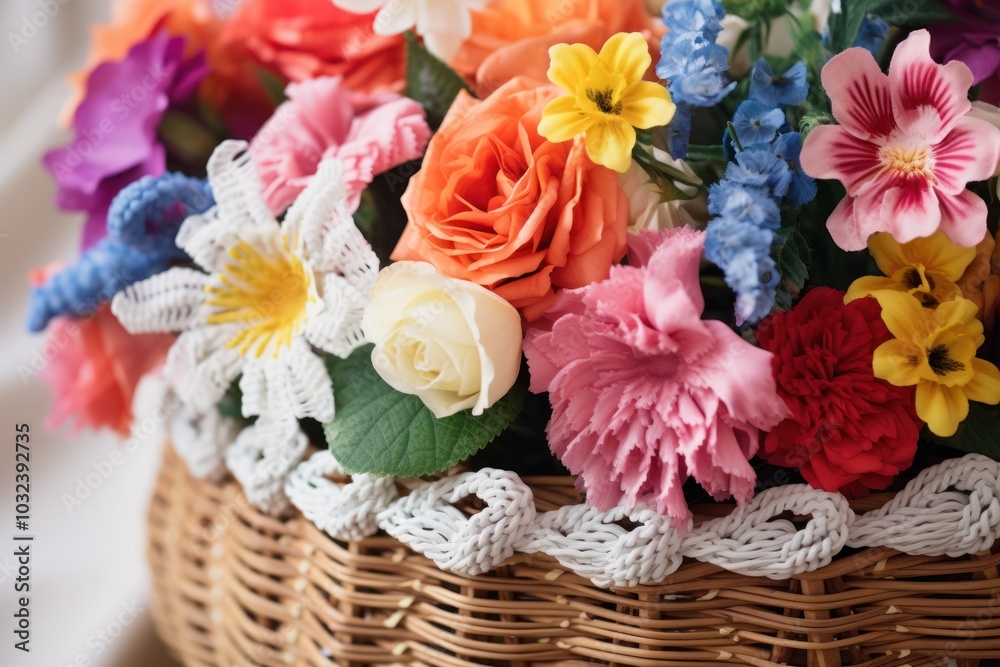 A close-up view of a handwoven basket overflowing with fresh, multi-colored flowers, showcasing their natural beauty against a bright white backdrop A close-up view of a handwoven basket overflowing with fresh, multi-colored flowers, showcasing their natural beauty against a bright white backdrop