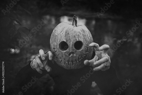 Scary man with pumpkin head for Halloween. Jack-o-lantern costume.Trick or treat, scares you, playing in horror stories photo