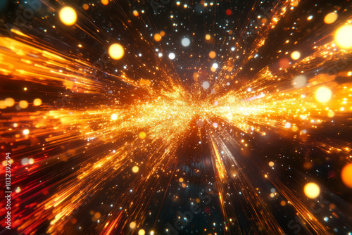 Dynamic background with an explosion of glowing golden particles and light streaks