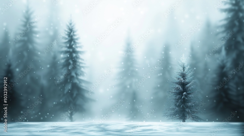 Snowy forest landscape with evergreen trees and falling snowflakes in winter wonderland Snowy forest landscape with evergreen trees and falling snowflakes in winter wonderland