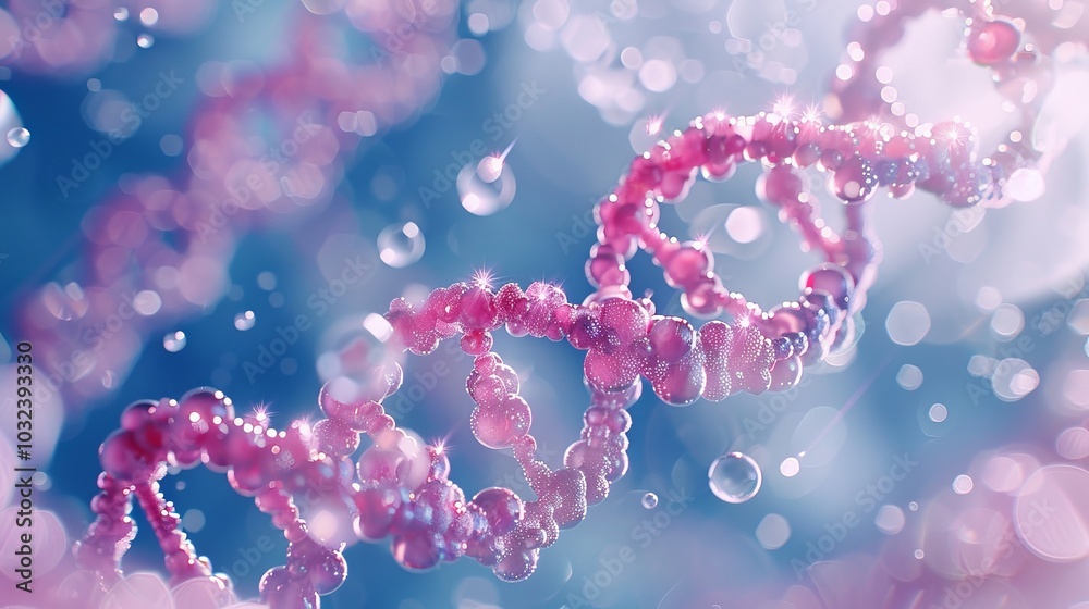 Beautiful spiral of pink DNA double helix with light bokeh and bubbles, gracefully floating on a blue background