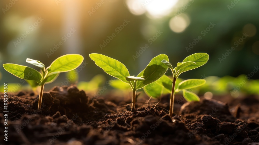 A close-up view of young coffee bean seedlings growing from rich, dark soil, surrounded by lush green leaves and delicate roots visible. A close-up view of young coffee bean seedlings growing from rich, dark soil, surrounded by lush green leaves and delicate roots visible.