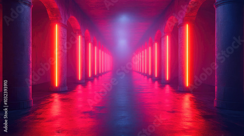 A futuristic corridor lined with vibrant neon lights in pink, orange, and blue hues. The perspective leads towards a distant light, creating a sense of depth and surreal atmosphere