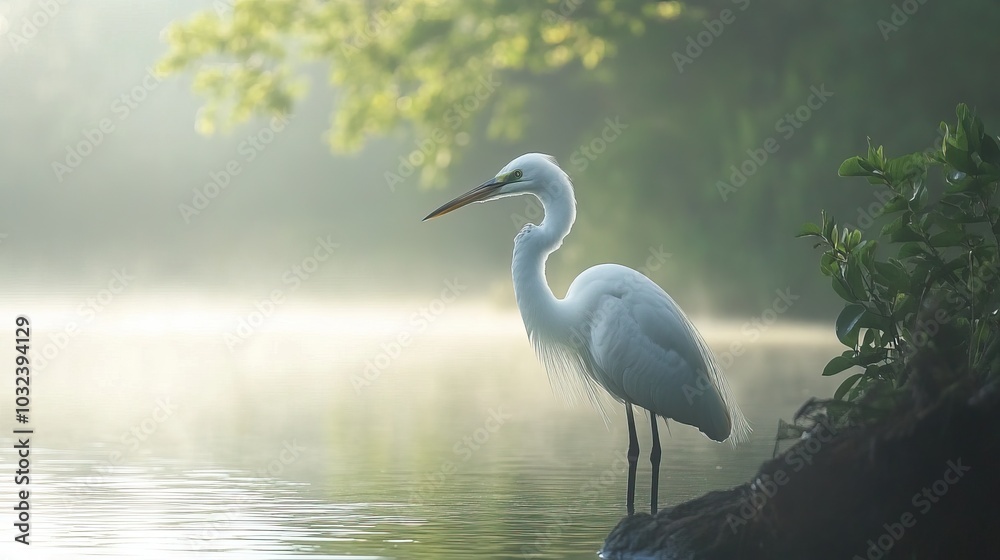 Naklejka premium White Egret in Mist on a Lake