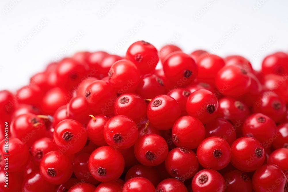 A detailed macro shot of cowberries, focusing on their smooth skin and vibrant red color, against a white background that enhances their natural beauty A detailed macro shot of cowberries, focusing on their smooth skin and vibrant red color, against a white background that enhances their natural beauty