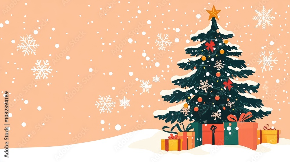 A Christmas tree with snowflakes, some gifts and mistletoe, The scene should be on the side and use the colors of Christmas A Christmas tree with snowflakes, some gifts and mistletoe, The scene should be on the side and use the colors of Christmas