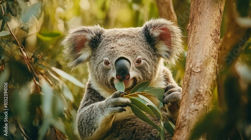 A close-up of a koala sitting in a eucalyptus tree, chewing on a leaf, looking directly at the camera.