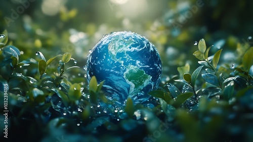 Generative AI illustration of vibrant blue Earth surrounded by water droplets and green foliage symbolizing environmental protection and the urgent need to save Earths water resources photo