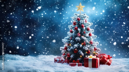 A Christmas tree with snowflakes, some gifts and mistletoe, The scene should be on the side and use the colors of Christmas