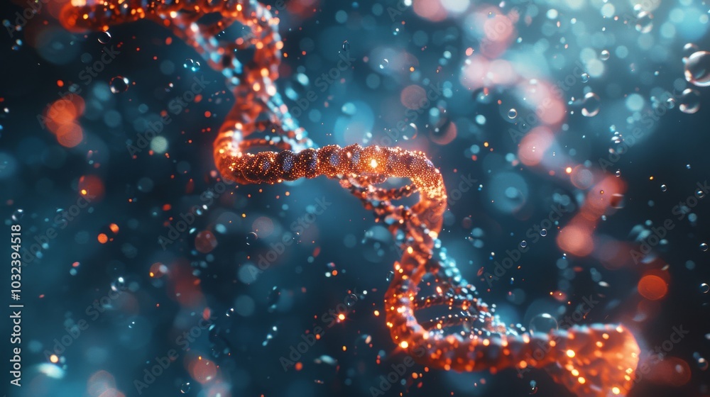 Beautiful spiral of red DNA double helix with light bokeh and bubbles, gracefully floating on a blue background
