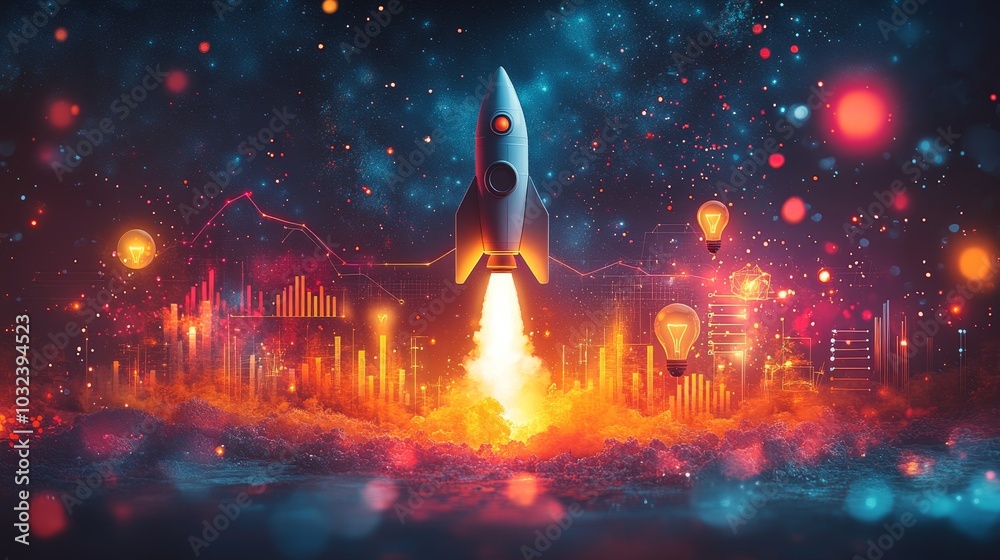 Rocket Launch in Space with Colorful Abstract Background Rocket Launch in Space with Colorful Abstract Background