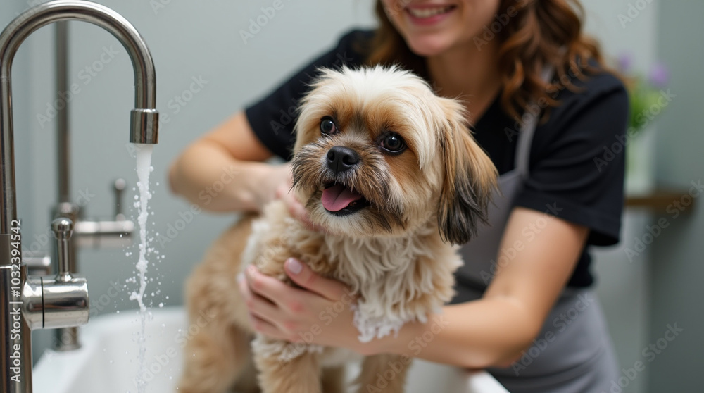 Professional Dog Grooming: A Groomer Bathing a Happy Dog in a Pet Spa Professional Dog Grooming: A Groomer Bathing a Happy Dog in a Pet Spa