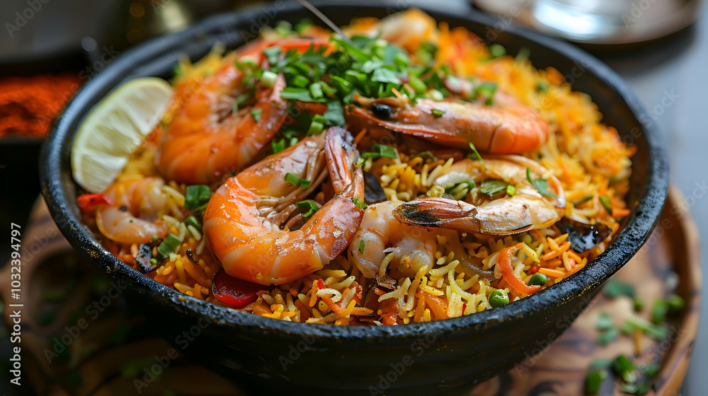 Seafood biryani with shrimp, fish, and spices Seafood biryani with shrimp, fish, and spices
