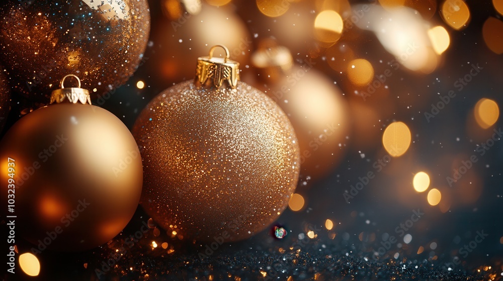 This image highlights several shimmering golden Christmas ornaments against a festive bokeh background, creating a sense of warmth, joy, and holiday celebration.