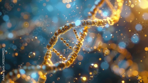 Beautiful spiral of yellow DNA double helix with light bokeh and bubbles, gracefully floating on a blue background