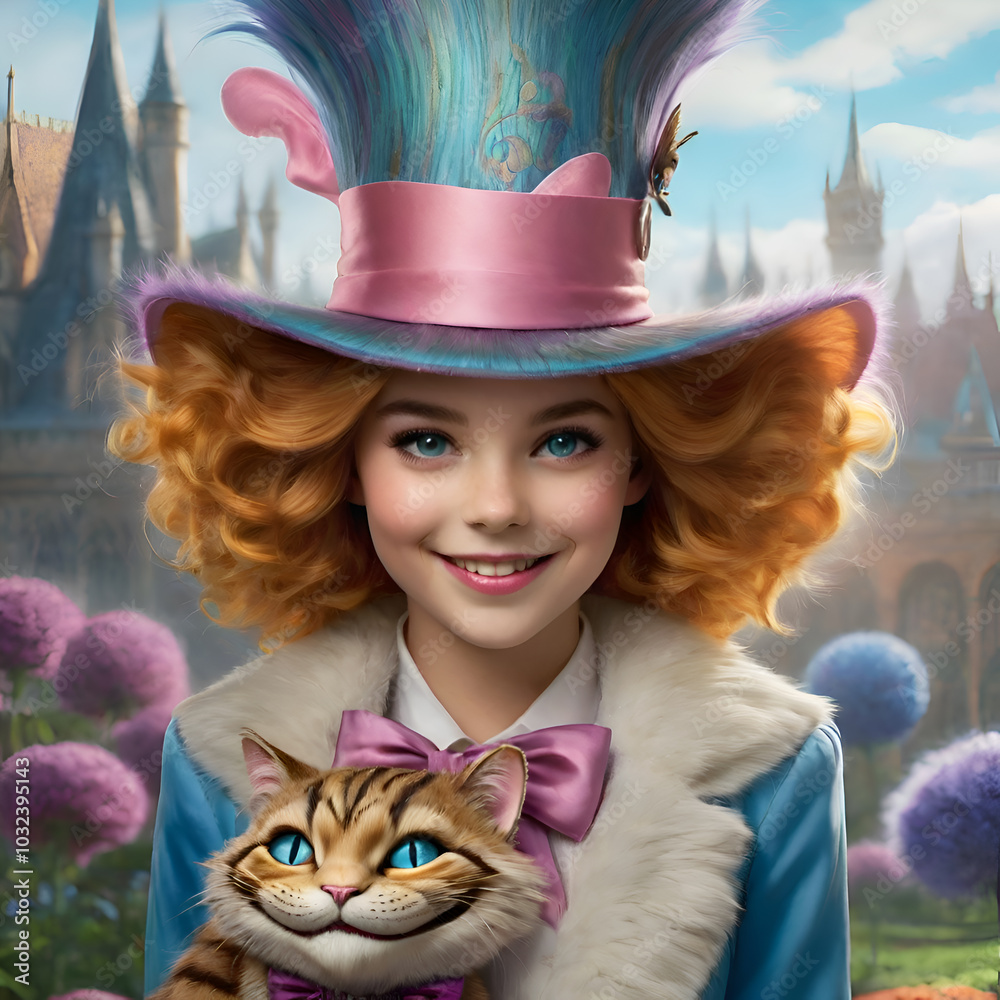 little girl Alice dressed in fashionable hat from wonderland with Cheshire cat. close up. Digital artwork. Ai generated