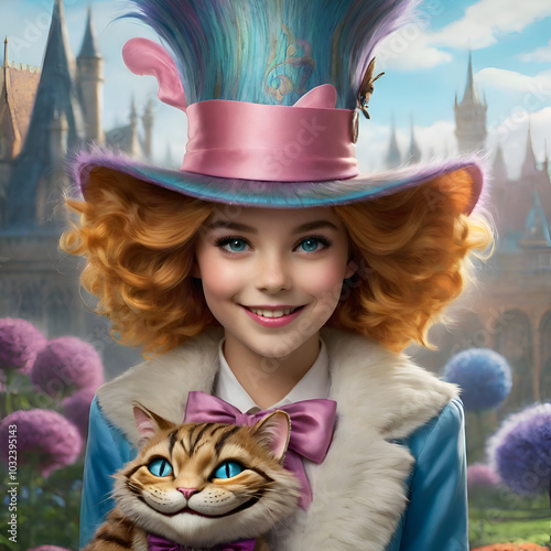 Obraz na płótnie little girl Alice dressed in fashionable hat from wonderland with Cheshire cat. close up. Digital artwork. Ai generated w salonie