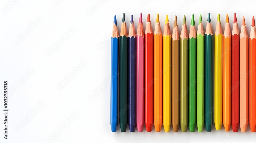Closeup of a beautiful arrangement of colorful pencils forming a symmetrical rainbow pattern on a clean white background This image showcases the vibrant colors geometric composition Closeup of a beautiful arrangement of colorful pencils forming a symmetrical rainbow pattern on a clean white background This image showcases the vibrant colors geometric composition