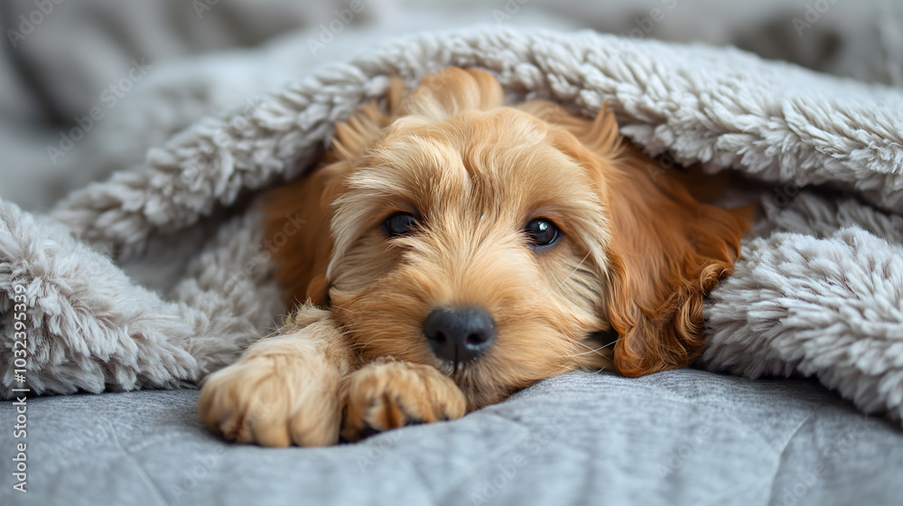 A Goldendoodle puppy curled up in a soft blanket, only its nose and eyes visible, radiating comfort and warmth in its cozy little nest